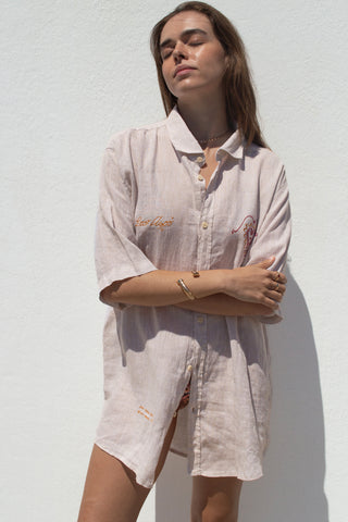 "Ston Afro" Linen Shirt Dress in Cream