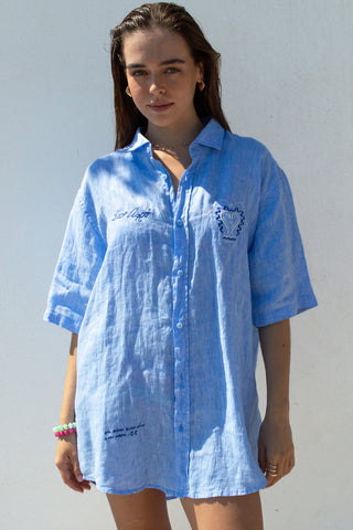 "Ston Afro" Linen Shirt Dress in Blue
