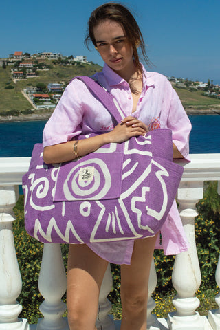 "Cyclades" Beach Bag with Zipper in Lavender Purple