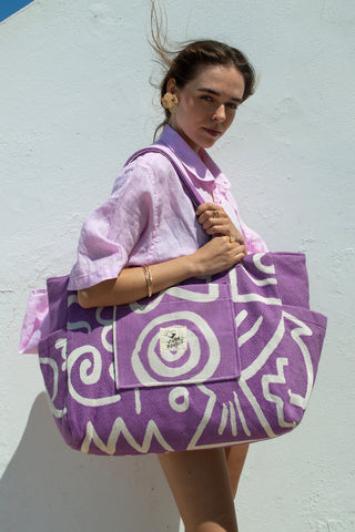 "Cyclades" Beach Bag with Zipper in Lavender Purple