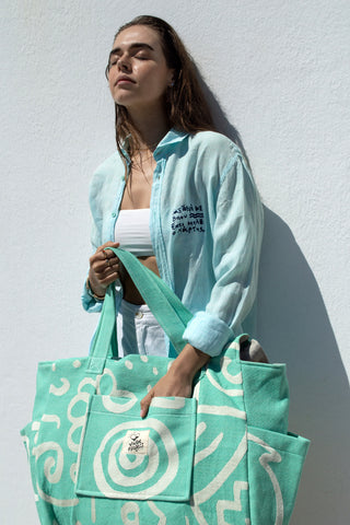 "Cyclades" Beach Bag with Zipper in Aqua Marine