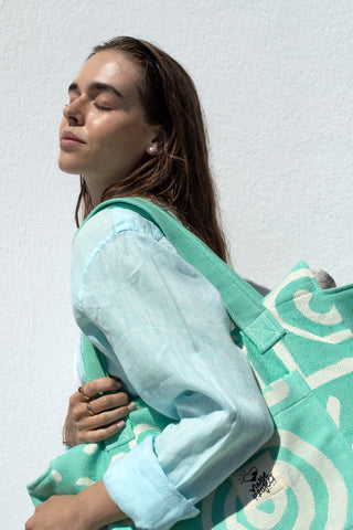 "Cyclades" Beach Bag with Zipper in Aqua Marine