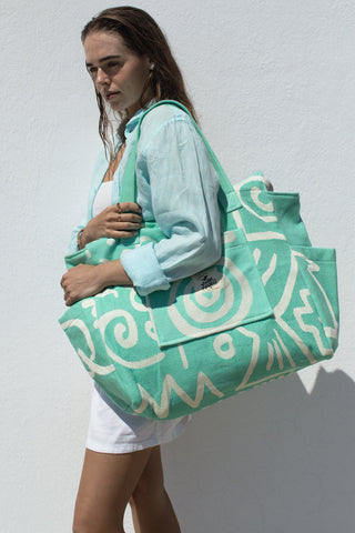 "Cyclades" Beach Bag with Zipper in Aqua Marine