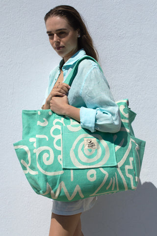 "Cyclades" Beach Bag with Zipper in Aqua Marine