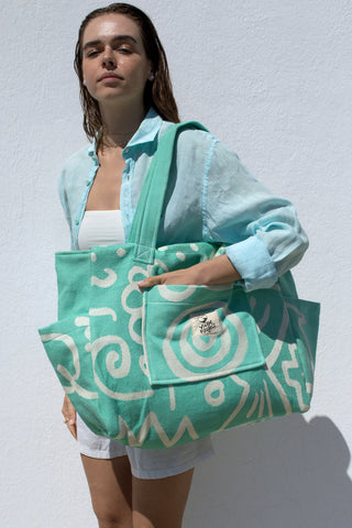 "Cyclades" Beach Bag with Zipper in Aqua Marine
