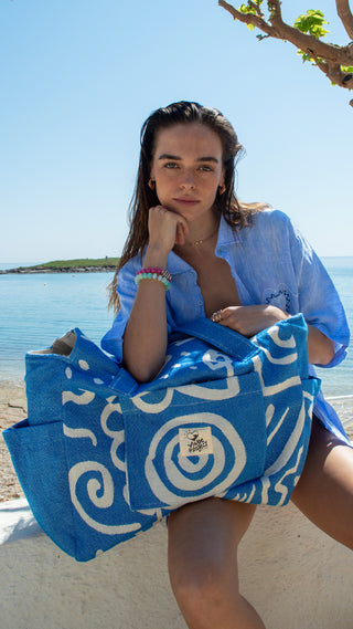 "Cyclades" Beach Bag with Zipper in Aegean Blue