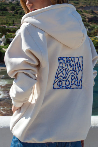 "Ena Kima ti Fora" Cream Embroidered Hoodie 𝗢𝗻𝗲 𝗦𝗶𝘇𝗲