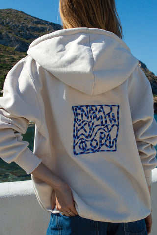 "Ena Kima ti Fora" Cream Embroidered Hoodie 𝗢𝗻𝗲 𝗦𝗶𝘇𝗲