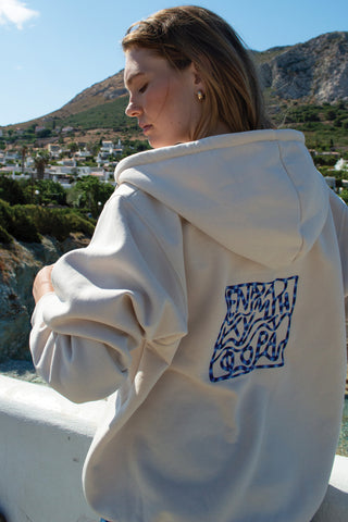"Ena Kima ti Fora" Cream Embroidered Hoodie 𝗢𝗻𝗲 𝗦𝗶𝘇𝗲