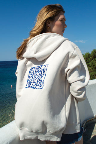 "Ena Kima ti Fora" Cream Embroidered Hoodie 𝗢𝗻𝗲 𝗦𝗶𝘇𝗲