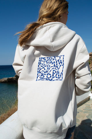 "Ena Kima ti Fora" Cream Embroidered Hoodie 𝗢𝗻𝗲 𝗦𝗶𝘇𝗲
