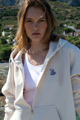 "Ena Kima ti Fora" Cream Embroidered Hoodie 𝗢𝗻𝗲 𝗦𝗶𝘇𝗲